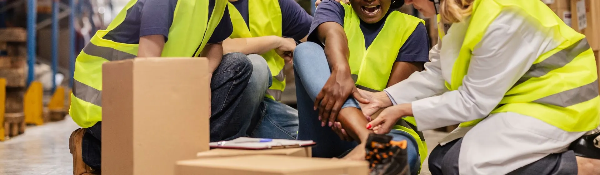 Lady holding her ankle in pain after being hurt on the job.